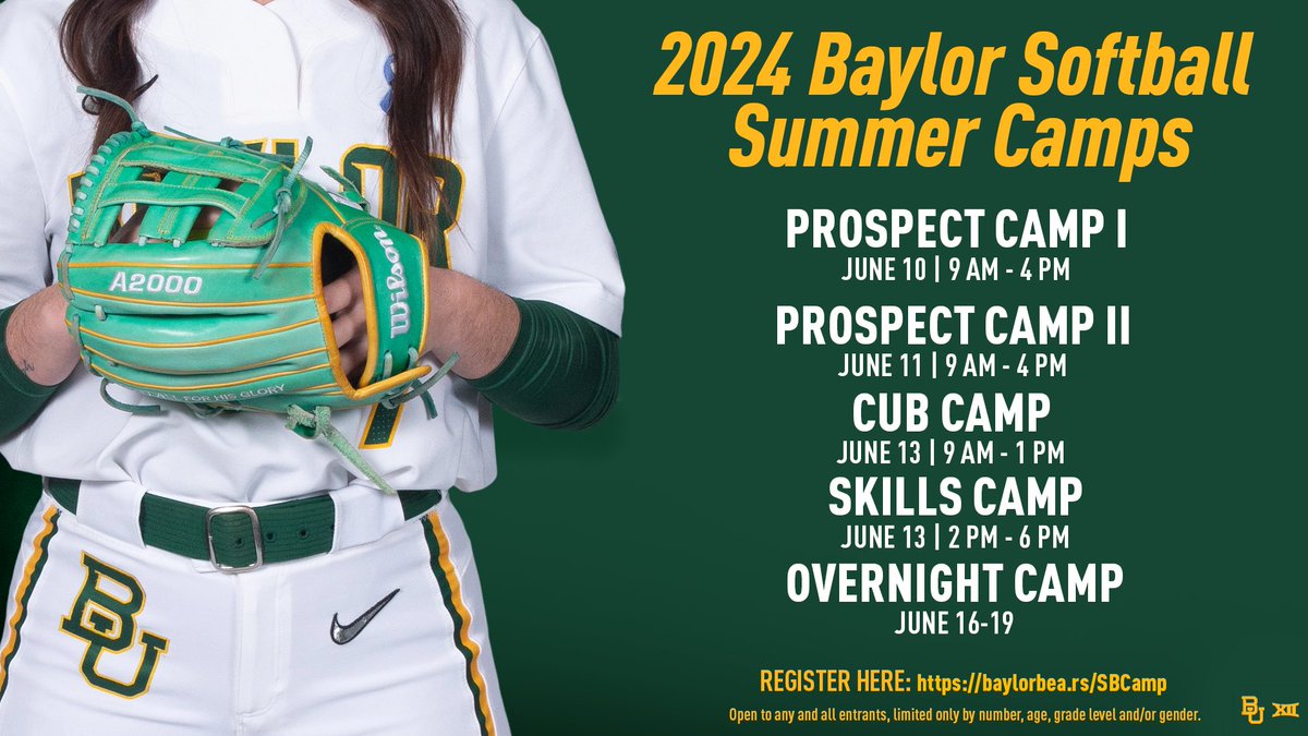 Sign up NOW ❗️ Baylor Softball Summer Camp registration is now open and we have added another camp! Prospect Camps & Overnight Camp is for incoming 7th -12th graders Skills Camp is for incoming 5th and 6th graders Cub Camp is for incoming 2nd - 4th graders >>