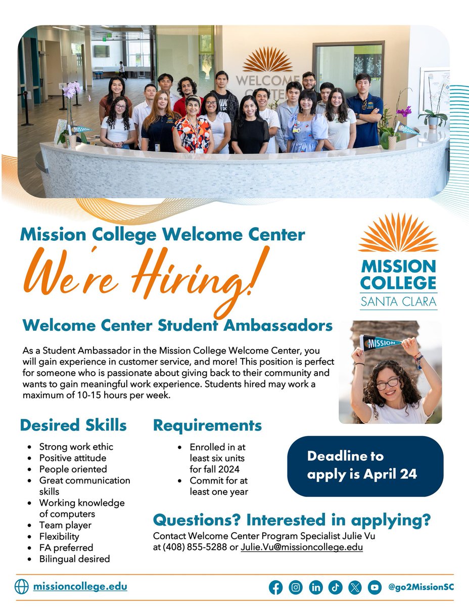 🎓 Are you a passionate and outgoing student looking to make a difference on campus? The Welcome Center is hiring Student Ambassadors! This is your chance to represent our community, welcome new students, and create lasting connections. 📅 Deadline to apply: April 24📣