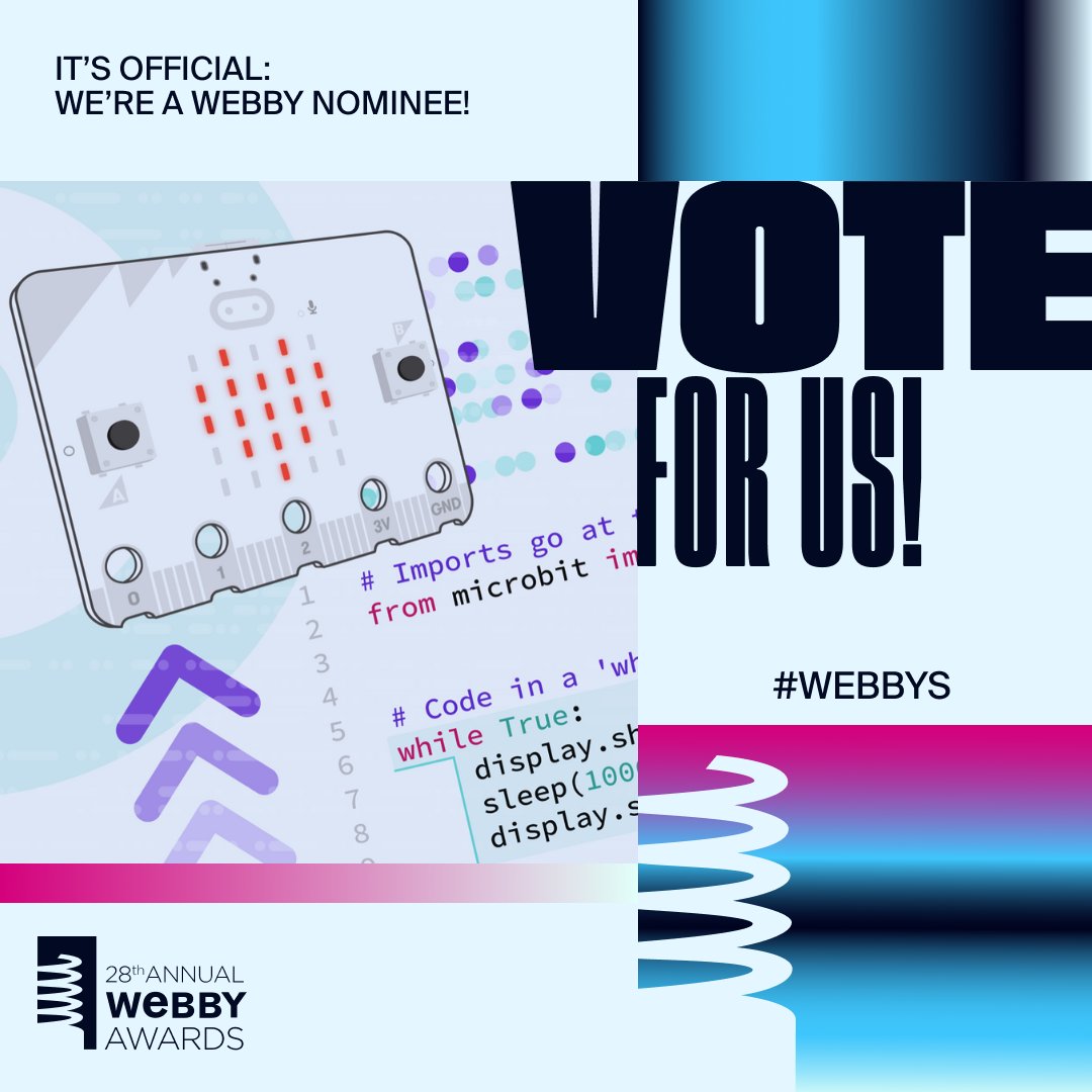 📰Big news! We've been nominated in @TheWebby Awards! Now we need your help: our micro:bit Python Editor is in the running to win a People’s Voice Award. Please VOTE for us before April 18th: vote.webbyawards.com/PublicVoting#/… #webbys #STEMeducation #Python