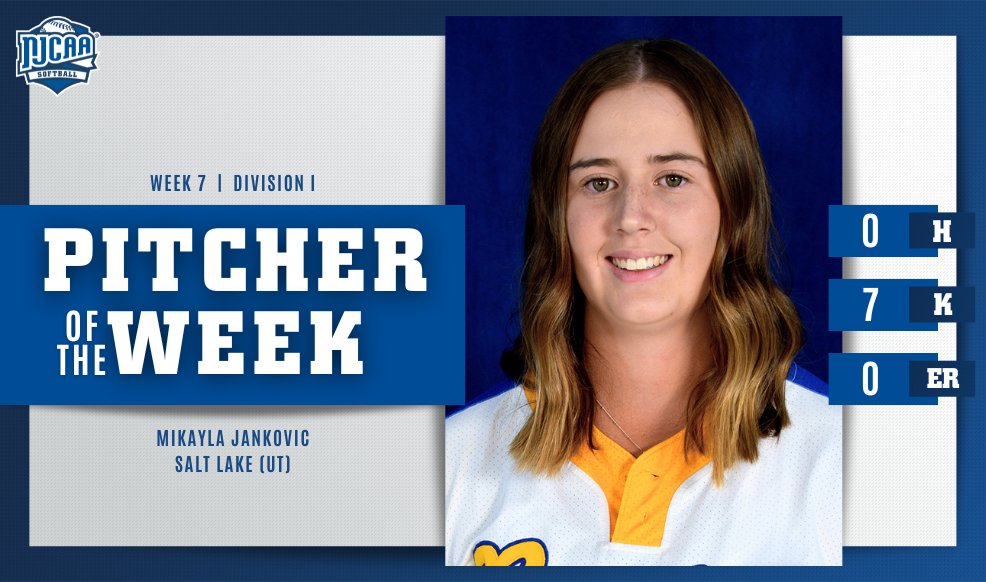 🗣️ NO-HITTER Mikayla Jankovic gave up 0⃣ hits and runs as she struck out 7⃣ last week for @SLCC_Softball. Jankovic is the #NJCAASoftball DI Pitcher of the Week! 💪 #NJCAAPOTW