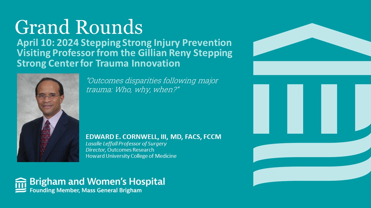 We welcome Dr. Edward Cornwell from @HowardUGenSurg as the inaugural Stepping Strong Injury Prevention Visiting Professor from @steppingstrong1! Dr. Cornwell will present #GrandRounds tomorrow April 10.