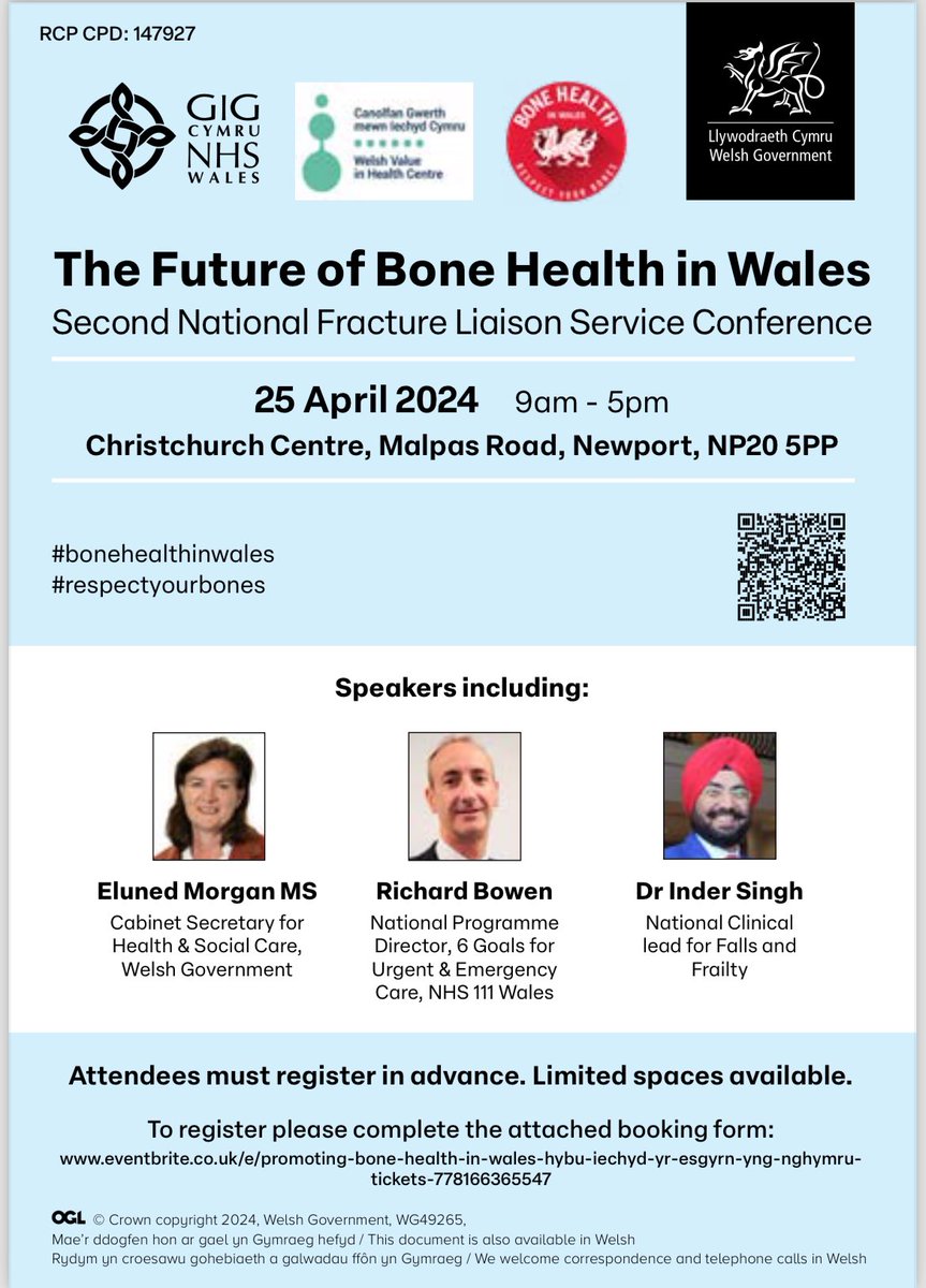 Just a few spaces left for Wales’ 🏴󠁧󠁢󠁷󠁬󠁳󠁿 second bone health conference 25th April great line up ⬇️ #bonehealthwales #respectyourbones ⁦@SinghI01⁩ ⁦@rob_letchford⁩ ⁦@RslewisSally⁩ 🦴