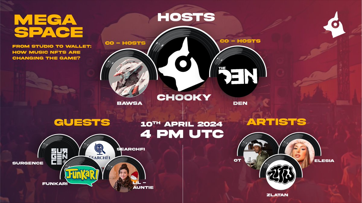 Get ready for a musical evening as we tune into, 

How Music NFTs are Changing the Game? with one of the most popular Afro beat artist, <a href="/Zlatan_Ibile/">#WorldPresident 🌎</a> and Chooky song artists <a href="/ot_goc/">ot_goc</a>  <a href="/elesiaiimura/">ELESIA iiMURA</a> 

Our co-hosts for the evening will be @nftbawsa and <a href="/thed3n_/">D3N</a>

The show will also
