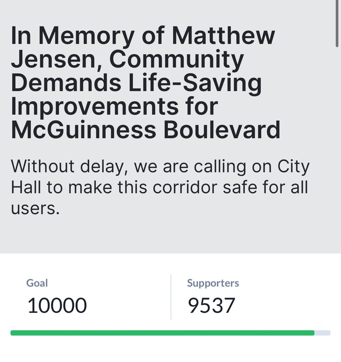 Our canvassers were out again this Sunday. It’s as clear as ever. Greenpoint wants a safe McGuinness! When will @NYC_DOT come back and finish the job? Help us show we won’t rest until McGuinness is safe! Sign & share our petition. Help us hit 9,550! act.transalt.org/a/mcguinness-b…