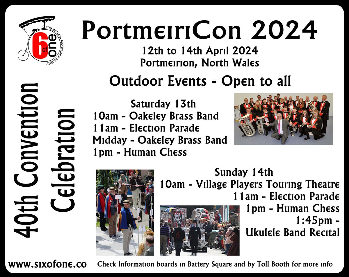 PortmeiriCon 2024 Outdoor Events During the convention there will be a number of outdoor events and reenactments open to one and all, including Human Chess and Election Parade. Be Seeing You!