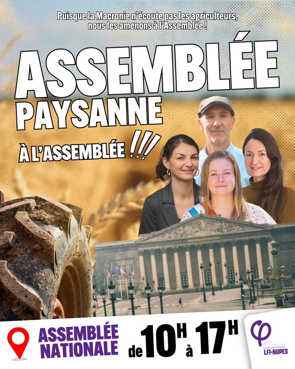 Aujourd'hui, nous clôturons l'#AgriTour par une Assemblée paysanne à l'@AssembleeNat. En présence des paysan·nes rencontré·es dans toute la France ces derniers mois, nous réaffirmons qu'une agriculture rémunératrice qui protège le vivant est possible ! urlz.fr/q7I0