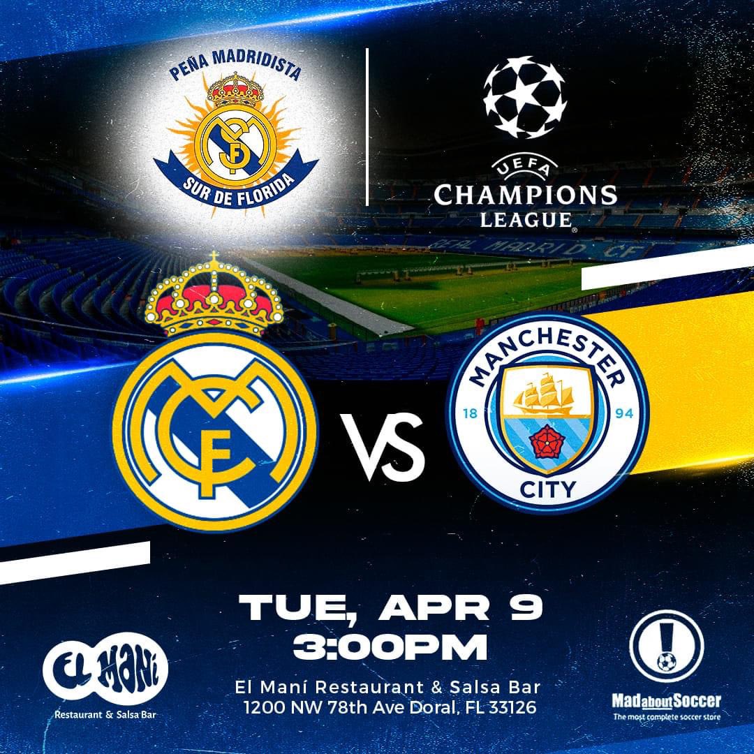🙌 NEXT MATCH UP! 🙌
🆚 Manchester City 
📍1200 NW 78TH AVE, DORAL 
⏰ TUESDAY 3.00 PM
🏆 @Champions
#⃣ #MadridistasMiami #RMSurDeFlorida #MadridismoUSA
📍Arrive one hour before the game and if you want to reserve a table for 4 people call (305) 497-8838 thank you Hala Madrid