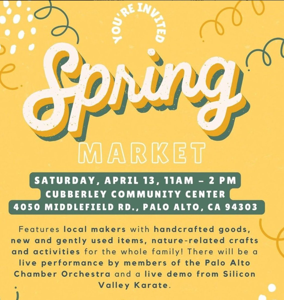 The Imagination Lab School is hosting its Spring Market this Saturday featuring local makers, hand-crafted goods, gently-used items, natured-related crafts and activities, plus live performances and demos. Come to SE corner of Cubberley 4/6 11am-2pm.