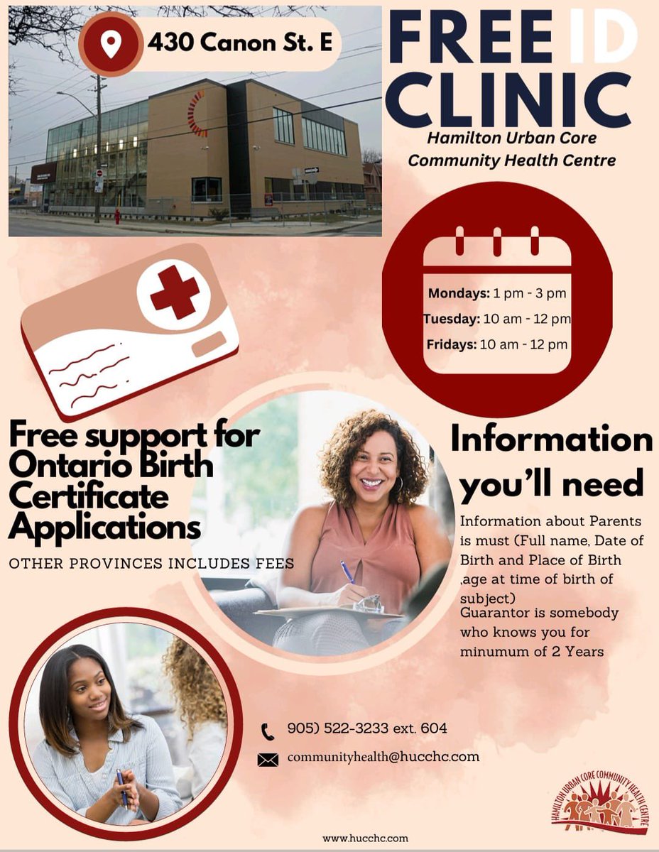 Need help getting your health card, birth certificate or replacing any other ID? The ID Clinic is here for you at Hamilton Urban Core Community Health Centre three times a week – Monday, Tuesday and Friday at 430 Cannon Street East. #huc #wraparoundsupport #chc #idclinic #hamont