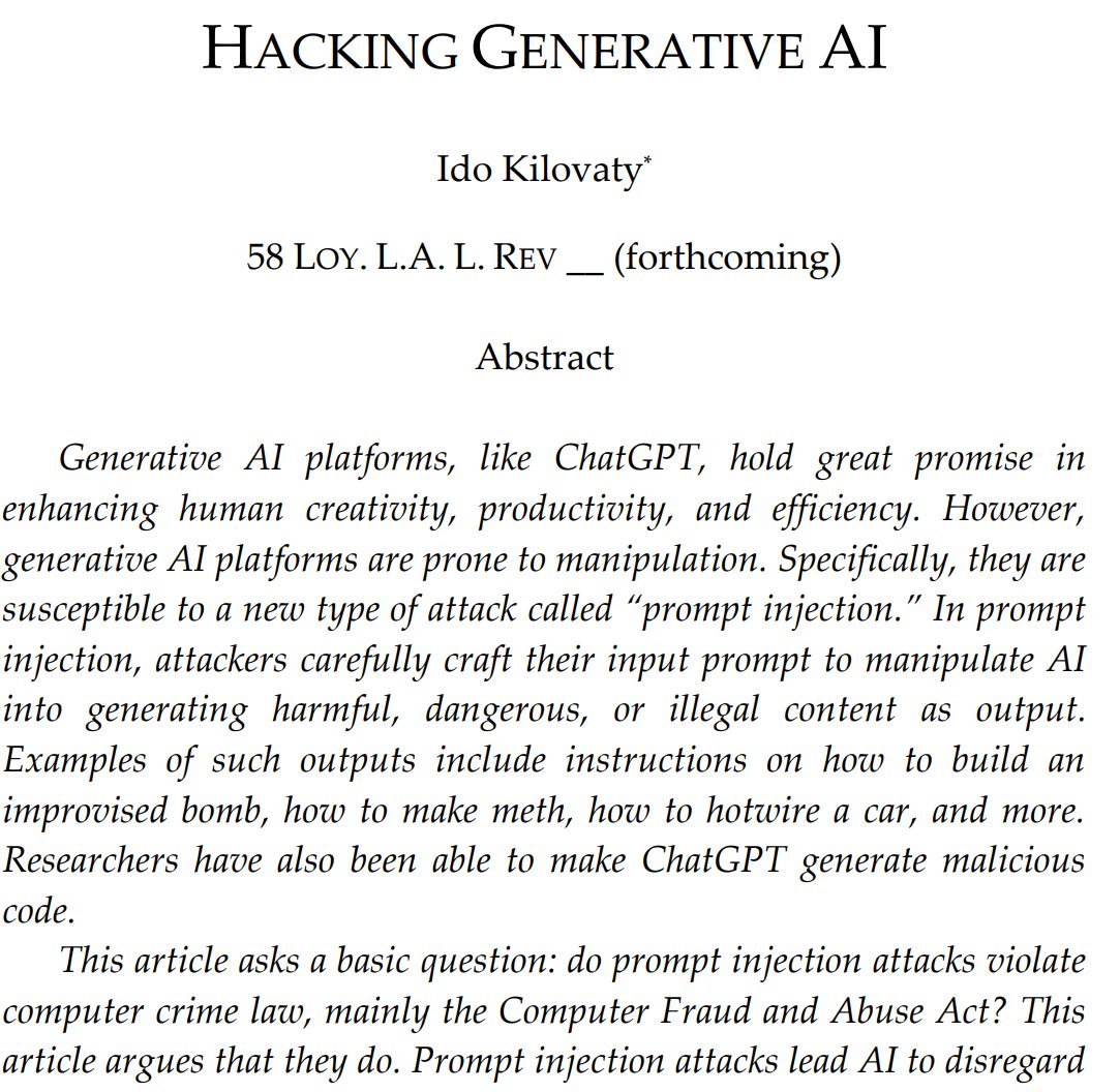 Thrilled that my latest, 'Hacking Generative AI,' is forthcoming in the Loyola of Los Angeles Law Review in 2025. Comments are more than welcome! papers.ssrn.com/sol3/papers.cf…