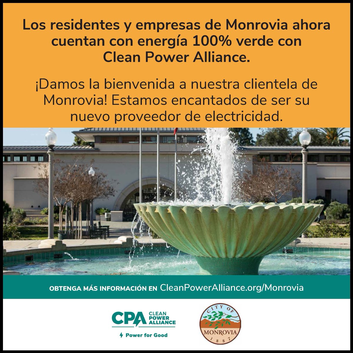 Starting last month residents & businesses in Monrovia transitioned to electricity service with CPA. Monrovia selected 100% Green Power as its preferred energy option, reducing 115 million pounds of harmful greenhouse gases each year! Learn more today: cleanpoweralliance.org/place/monrovia/