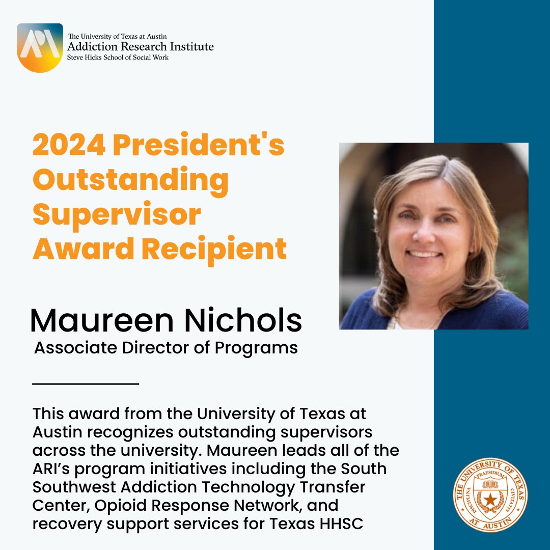 ari_utexas's tweet photo. Big congrats to Maureen Nichols who just received the @UTAustin President's Outstanding Supervisor Award! Maureen directs a large portfolio at the ARI including the @sswattc, the Opioid Response Network, and Recovery Support Services for @TexasHHSC. https://t.co/1NQq3Ooga5