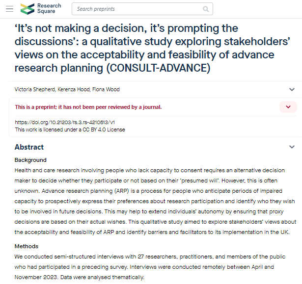 Victoria Shepherd (@vickylshepherd) on Twitter photo Perfectly timed for my return from my Churchill Fellowship visits on this topic, the preprint from CONSULT-ADVANCE Study interviews exploring advance planning for research participation now posted
researchsquare.com/article/rs-421…
<a href="/consult_consent/">CONSULT Study</a> <a href="/CTRCardiffUni/">CTRCardiffUni</a> <a href="/ResearchWales/">Health and Care Research Wales</a> @kerryhood Perfectly timed for my return from my Churchill Fellowship visits on this topic, the preprint from CONSULT-ADVANCE Study interviews exploring advance planning for research participation now posted
researchsquare.com/article/rs-421…
<a href="/consult_consent/">CONSULT Study</a> <a href="/CTRCardiffUni/">CTRCardiffUni</a> <a href="/ResearchWales/">Health and Care Research Wales</a> @kerryhood