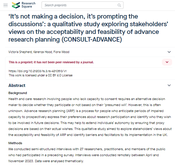 Perfectly timed for my return from my Churchill Fellowship visits on this topic, the preprint from CONSULT-ADVANCE Study interviews exploring advance planning for research participation now posted researchsquare.com/article/rs-421… @consult_consent @CTRCardiffUni @ResearchWales @kerryhood