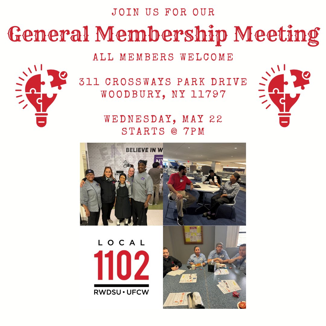 Our second General Membership Meeting of 2024 will take place on Wednesday, May 22nd at 7pm. These meetings happen quarterly and are a chance to catch up on everything going on with the union and to discuss things with unions‘ leadership. We encourage all members to join us. #1U