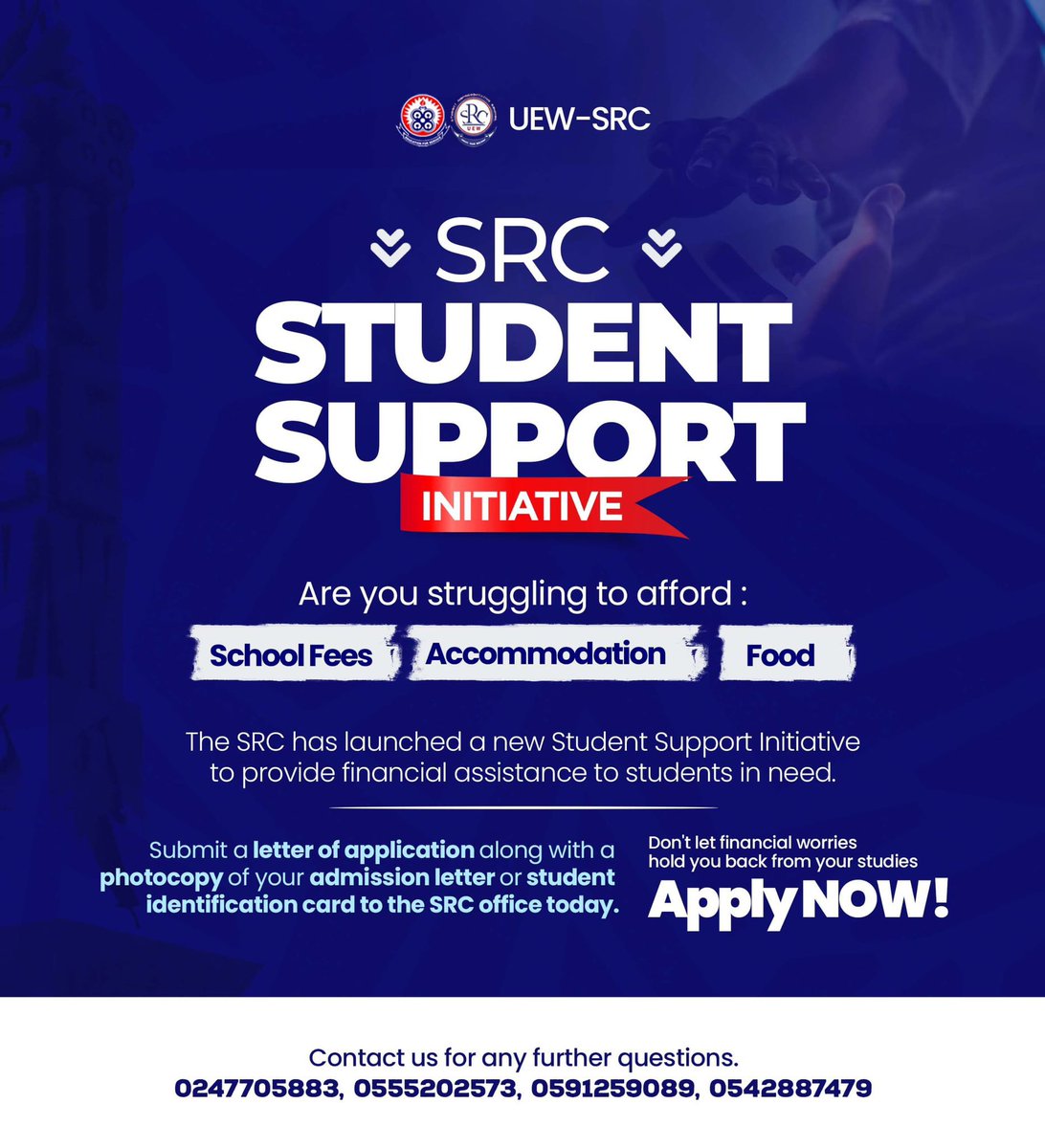 🚨 𝗦𝗧𝗨𝗗𝗘𝗡𝗧 𝗦𝗨𝗣𝗣𝗢𝗥𝗧 𝗔𝗩𝗔𝗜𝗟𝗔𝗕𝗟𝗘 🚨
Exciting news! The SRC has launched a Student Support initiative to provide financial aid to students in need. 
To apply, submit a letter along with a photocopy of your admission letter or student ID to the SRC Office.