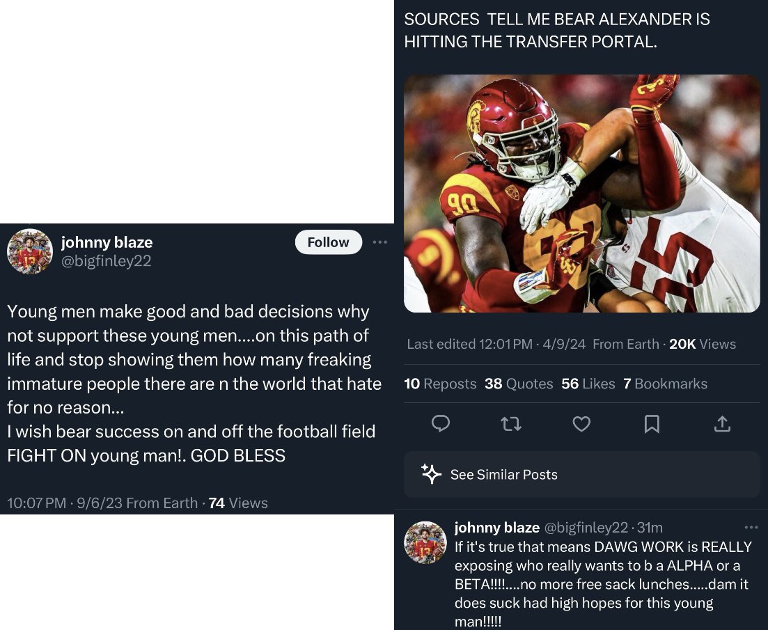 How it started vs how it’s going USC Fan base with Bear Alexander edition