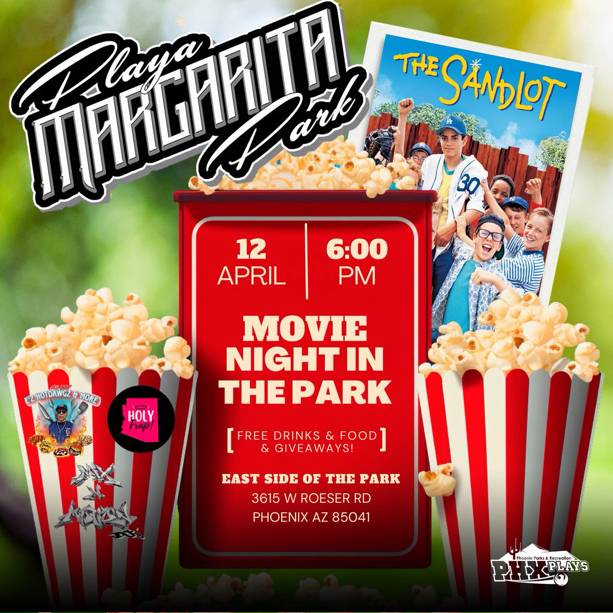 🌌 Lights, camera, action! We're hosting a Movie in the Park night at Playa Margarita Park. Enjoy THE SANDLOT, free food, and drinks on April 12th, 6:00PM. Bring the family and join us for movie night! 📍 Playa Margarita Park, 3615 W Roeser Rd ⏰ 6:00 PM, Movie Screening Begins