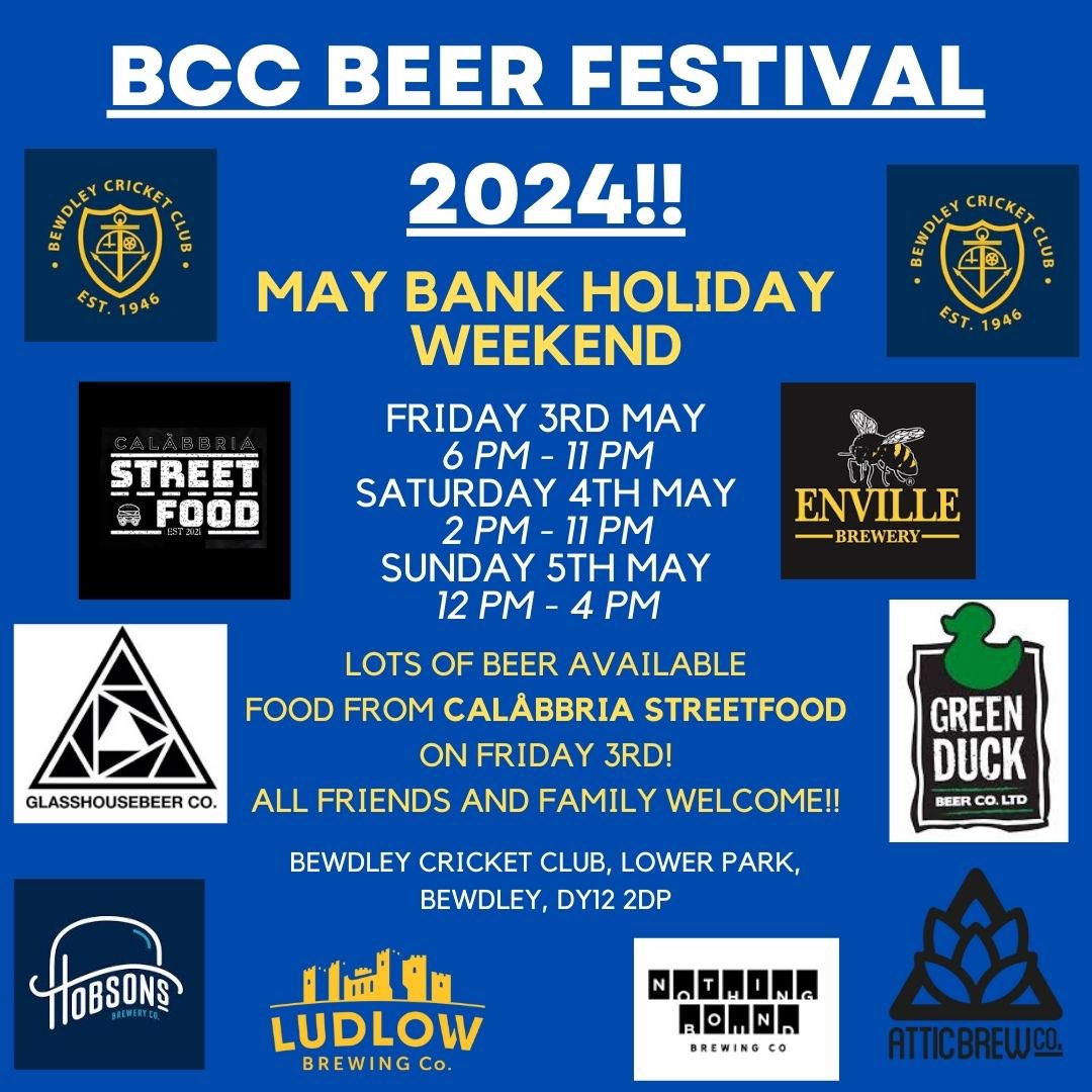 🚨 BCC BEER FESTIVAL 2024 🚨

OUR BEER FESTIVAL IS NEARLY HERE! 

THIS MAY BANK HOLIDAY ☀️🍻

BEERS - FOOD - CRICKET - SUN 🤞🏻

ALL INFO BELOW ⬇️⬇️