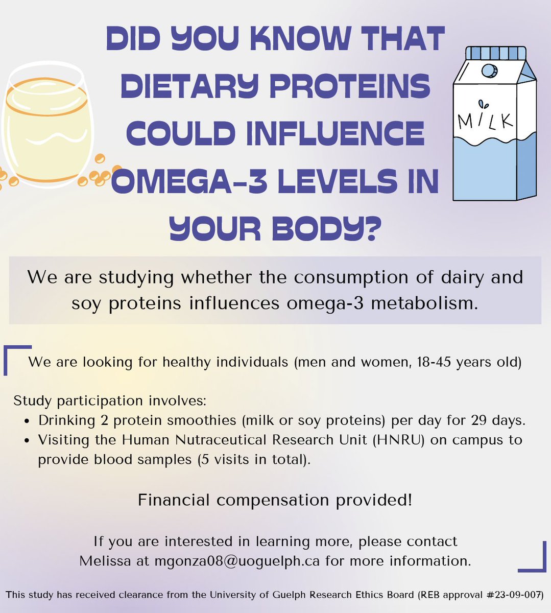 📢WE WANT YOU! 👣Mutch Lab @UofG_HHNS! 👉PARTICIPANTS WANTED: 🥛Dietary Protein & Omega-3 Study 🔍Check it Out: uoguelph.ca/hhns/system/fi… 📝SIGN UP WITH MELISSA! 📧mgonza08@uoguelph.ca 🧬mutchlab.uoguelph.ca 🏛️#UofG #UofGCBS 🔬#Research @UofGResearch 🥼#WomenInScience