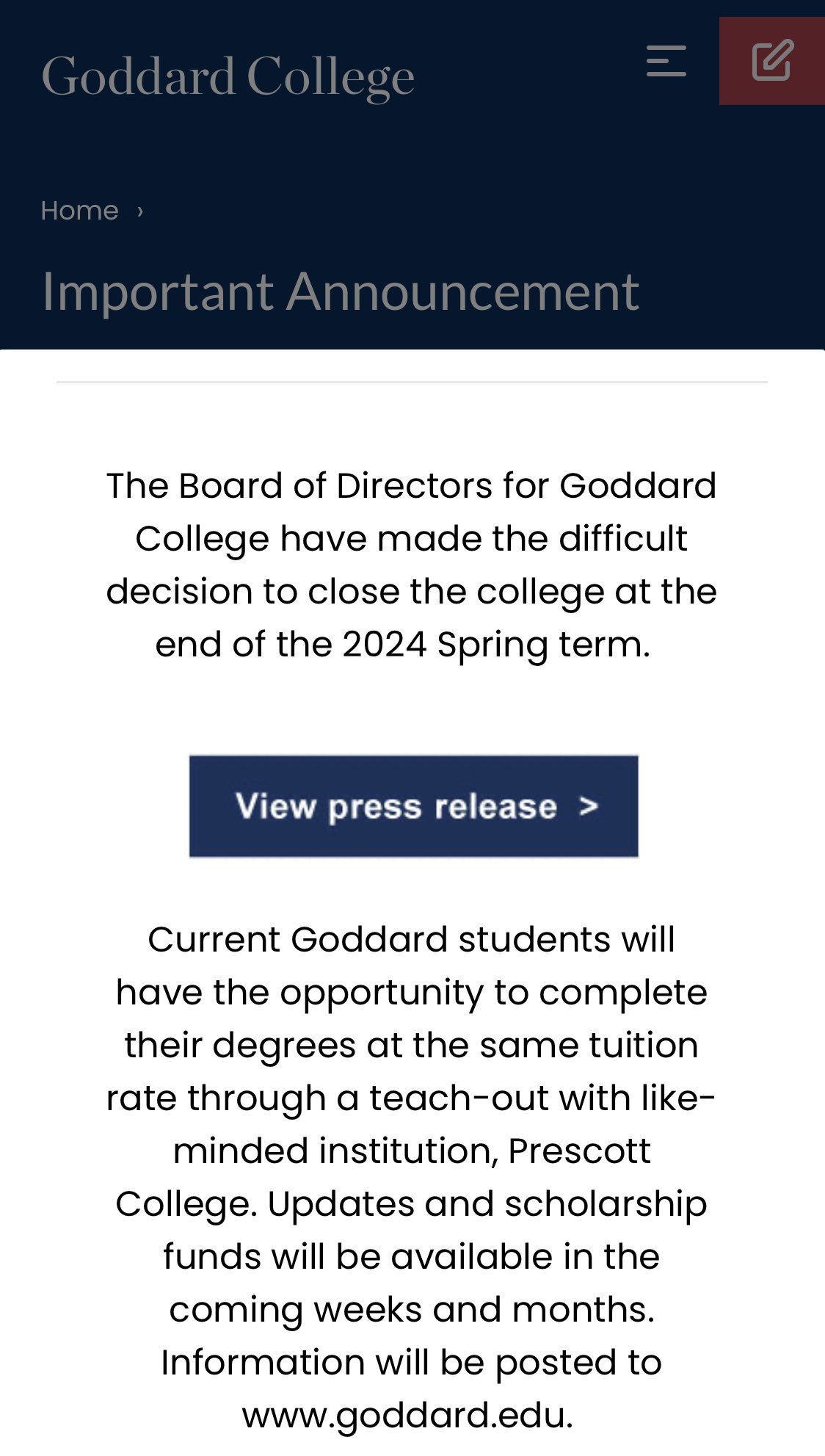 Josh Moody on X: &ldquo;Another college closure: Goddard College has 
