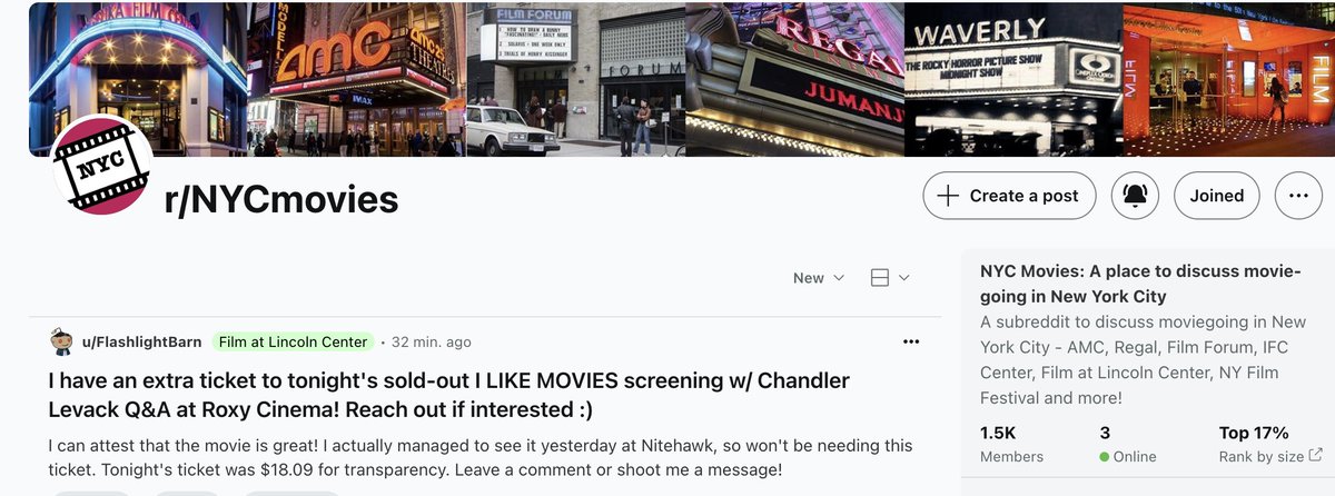 📣 PSA for New York movie people, there's a nice little subreddit dedicated to NYC moviegoing. If you are a Reddit person (which I am, increasingly) you should join it. reddit.com/r/NYCmovies/ne…