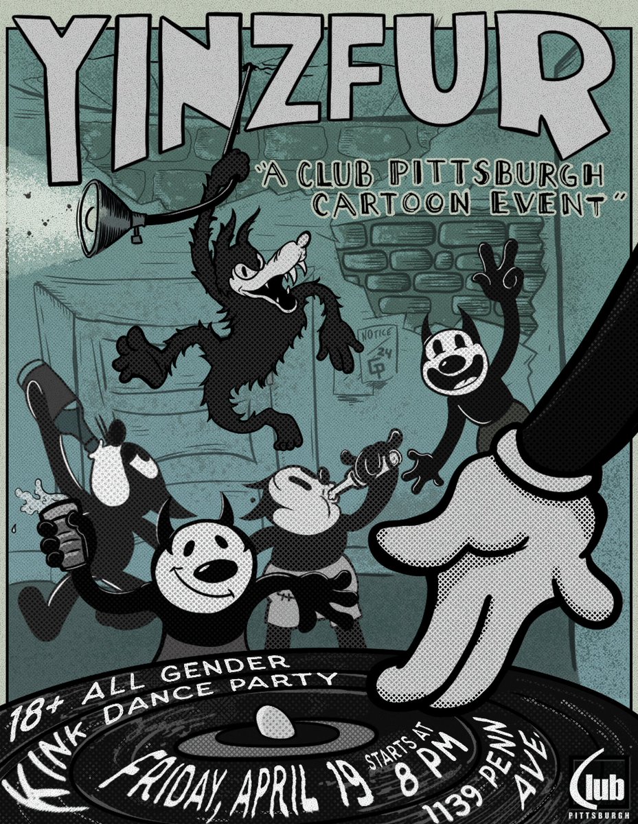 Yinzfur presents: A Special @ClubPittsburgh Cartoon Event! Come and celebrate the black and white toons that started it all with us next Friday 4/19 at 8PM ⚫🐱⚪🐶⚫🦊⚪ Poster by local artist @Gollypon