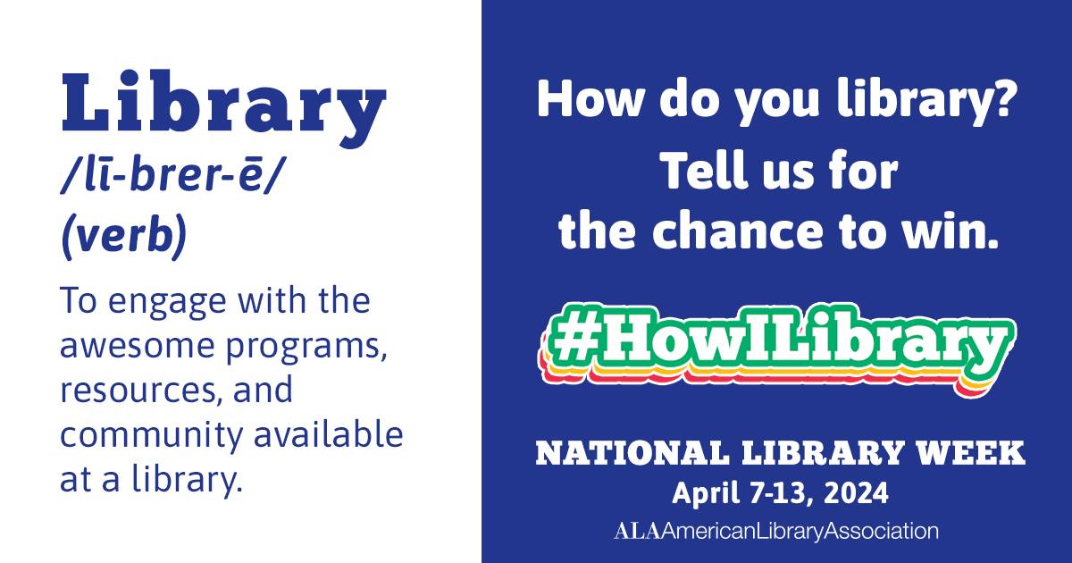 This #NationalLibraryWeek, we're asking you to spread some library love by sharing what you appreciate most about the services and resources your library provides. How do YOU library? Tell us for the chance to win! #HowILibrary details here: ilovelibraries.org/national-libra…