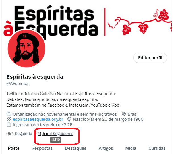 Havia mais de 11.560 seguidores.
Já estamos com 11.510. E caindo.
Como os demais perfis progressistas, parece que vamos também definhar por aqui...
#RIPTwitter