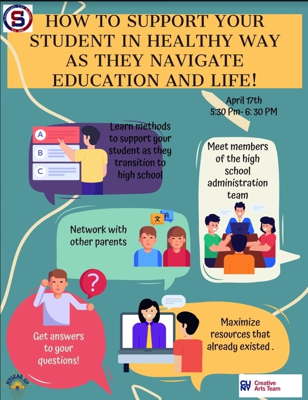 NY Gear Up is partnering w/CUNY's Creative Arts Team to offer a virtual workshop on 4/17 8th grade parents to help support your student's transition to high school. Click here docs.google.com/forms/d/e/1FAI…