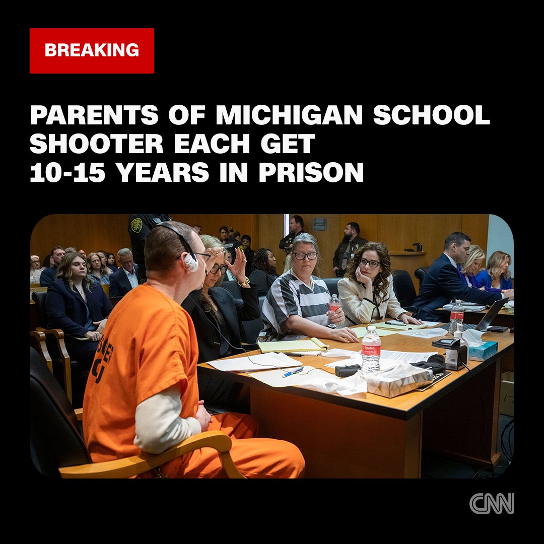 CNN's tweet image. The first parents to be held criminally responsible for a mass school shooting committed by their child were each sentenced to 10-15 years in prison cnn.it/4aNUJDv