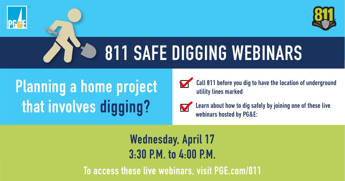 Planning to take advantage of warmer weather months to tackle home projects that need digging? Join➡️Safe Digging Webinar to learn more about the importance to #call811 before any digging project, large/small & how to #digsafe around underground utility lines. #NSDM @USANorth811