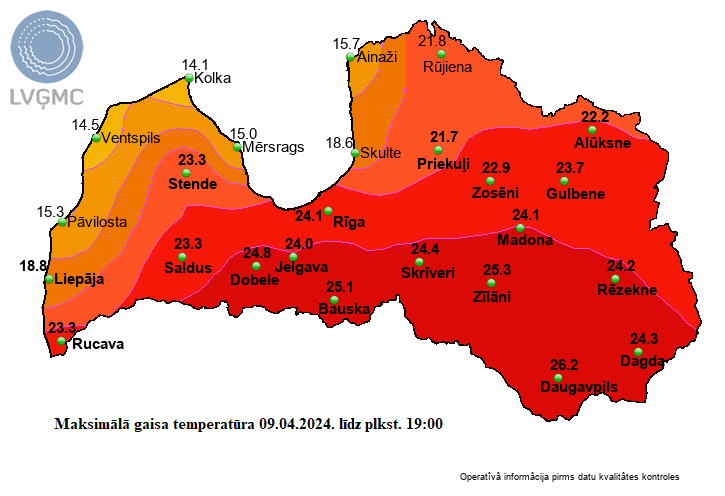 Record heat in #Latvia 🇱🇻 with up to 26.2°C in Daugavpils, which is a national record for April 1-20. The previous record was 25.1°C. The April national record is 27.9°C. Thanks @LVGMC_Meteo for the map. 21.1°C in Rønne, #Denmark 🇩🇰, very high for early April.