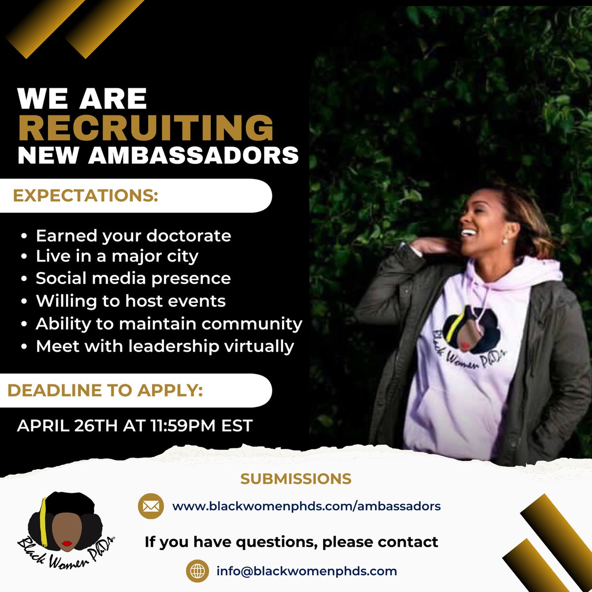𝐂𝐀𝐋𝐋 𝐅𝐎𝐑 𝐆𝐋𝐎𝐁𝐀𝐋 𝐀𝐌𝐁𝐀𝐒𝐒𝐀𝐃𝐎𝐑𝐒! ⁣ If you’re interested in a volunteer opportunity, to be more active within the #BlackWomenPhDs ®️ community, consider becoming an ambassador. ⁣ ⁣ Apply by April 26 @ 11:59EST!⁣ ⁣ blackwomenphds.com/ambassadors ⁣ #blackwomenphds