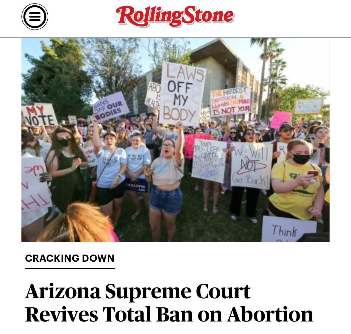 BREAKING: The Arizona Supreme Court has revived an 1864 criminal ban on abortion. Story: rollingstone.com/politics/polit…