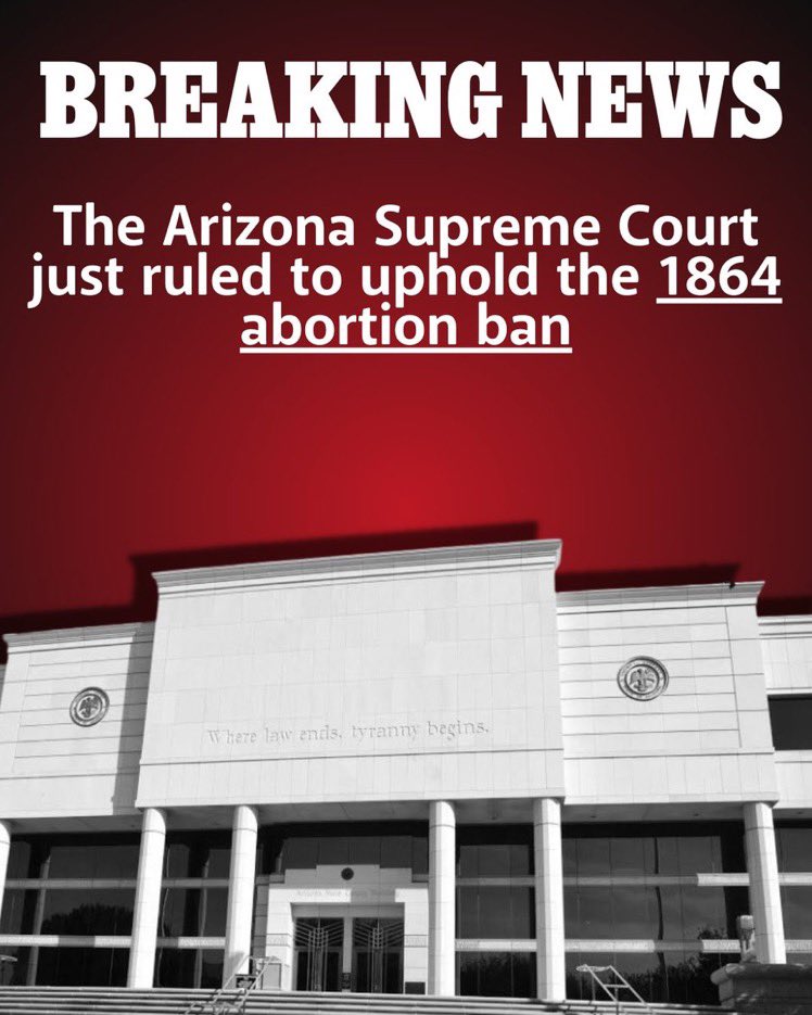 BREAKING NEWS: The Arizona Supreme Court has voted to uphold the 1864 abortion ban. 

Make no mistake- Donald Trump is responsible for this ban. We will reject him and MAGA extremists this November.