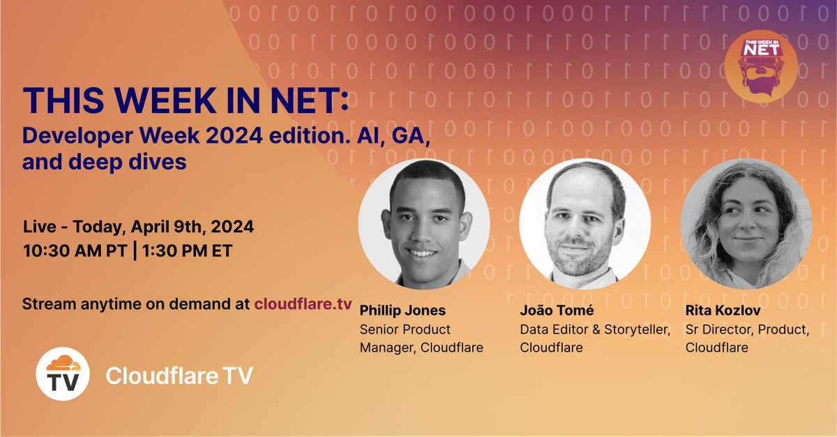CloudflareTV's tweet image. This Week in NET features a look back at the latest #DeveloperWeek news and product releases with special guest, Senior Director of Product, Rita Kozlov, and Senior Product Manager, Phillip Jones. Watch now --> cloudflare.tv/shows/this-wee… #CloudflareTV #ThisWeekInNET #Developers…