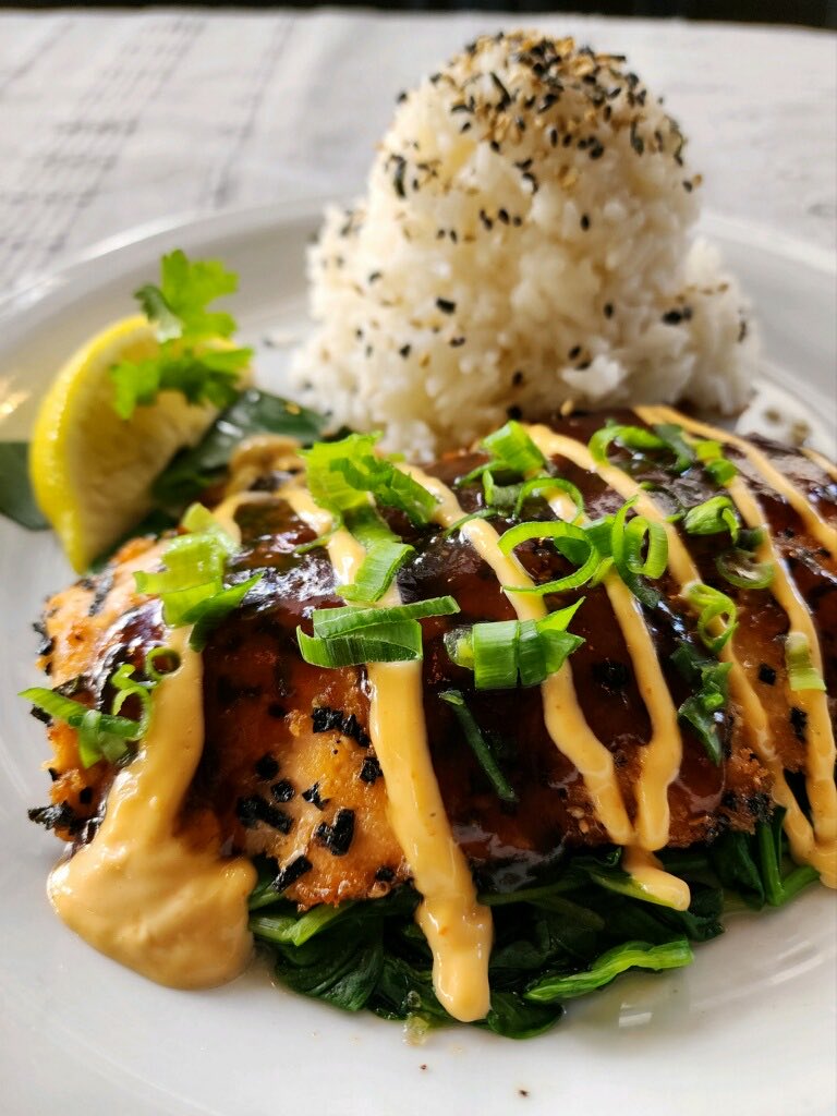 New WEEK #2 SPECIAL: GRILLED FURIKAKE SALMON with Chili-Aioli served with Choice of White or Brown Rice, Soup or Salad & Coke or Fresh Brewed Iced Tea at ⁦@BigCityDiner⁩ at ⁦@KailuaNEWS⁩ @KaimukiHawaii ⁦@WindwardMall⁩ @WaipioCenter & #Pearlridge #Hawaii #Lunch