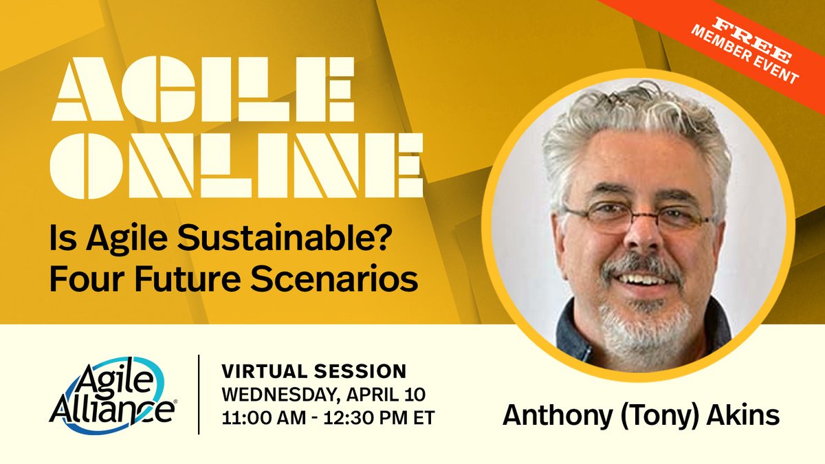 This Wednesday: Join us for our next #Agile Online session, 'Is Agile Sustainable? Four Future Scenarios' with Anthony (Tony) Akins. The future isn’t certain or predictable, but that doesn’t mean we give up and wait for the future to arrive! Learn more: agilealliance.org/event/is-agile…