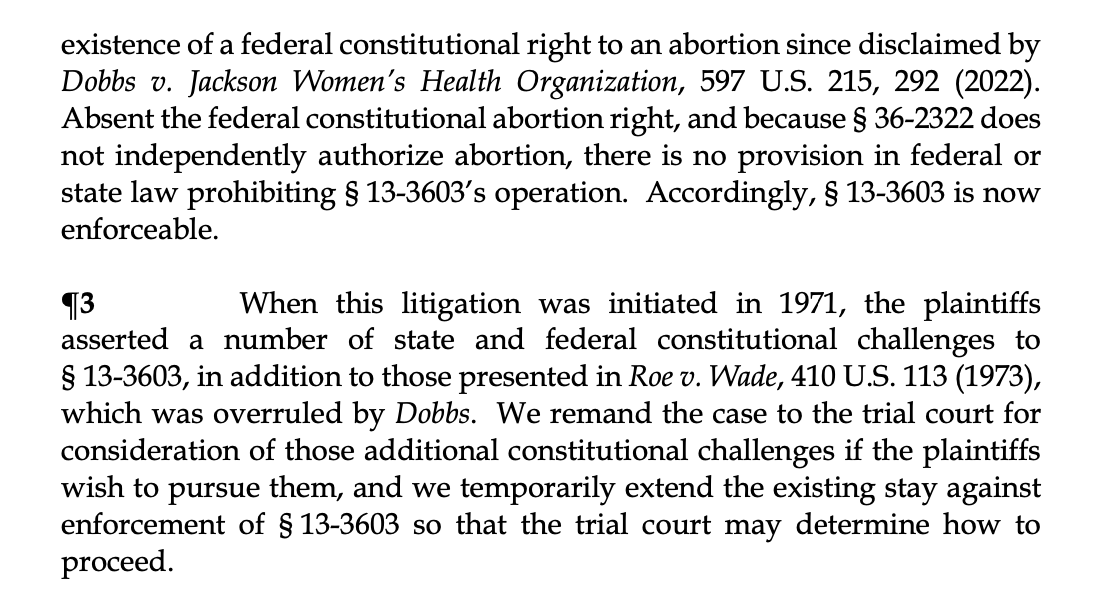 BREAKING: Arizona Supreme Court, on a 4-2 vote, says that the state's near-total criminal abortion ban is enforceable in the wake of Dobbs — but keeps the law on hold while the trial court considers any further arguments. More to come at Law Dork: lawdork.com