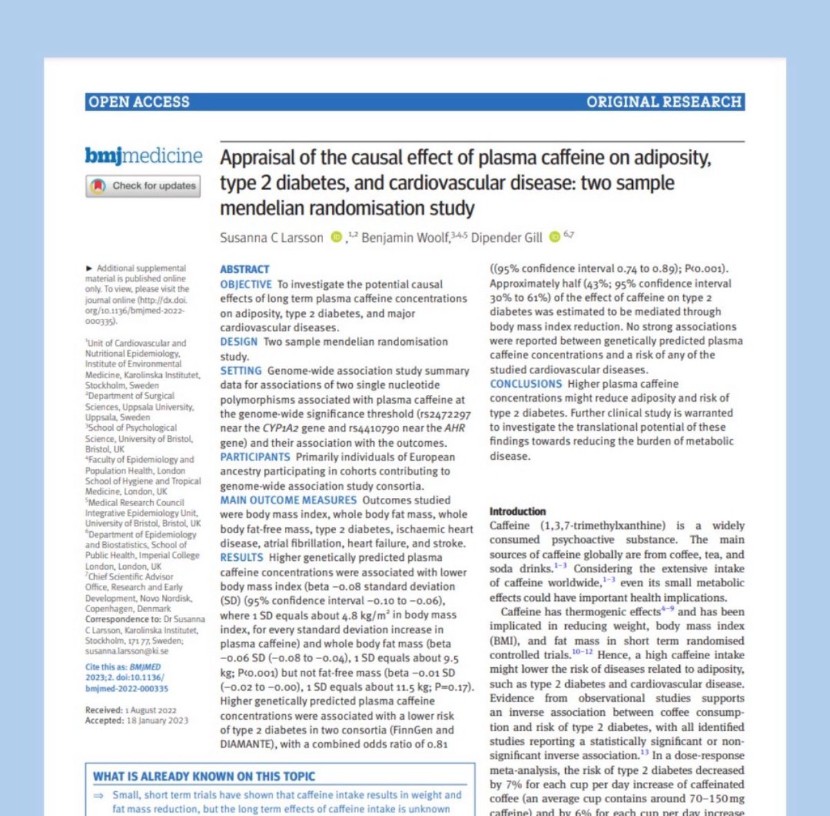 ☕️ Caffeine could reduce body fat & cut diabetes risk new data in @BMJMedicine shows! ❓How many cups of coffee do you drink a day? ❓Do you get your caffeine another way? If so where? 🔗 bmjmedicine.bmj.com/content/2/1/e0… #coffee #caffeine #obesity #diabetes #FOAMed #MedEd #MedX