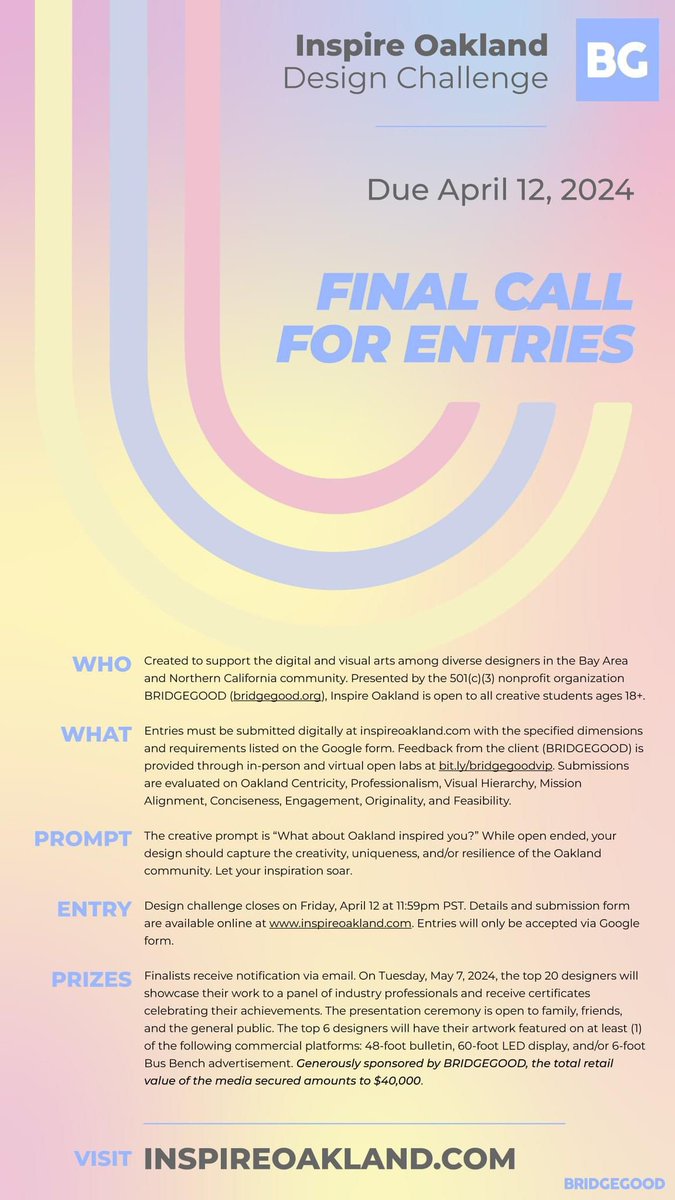 Designers: final call for entries @ inspireoakland.com ⚡ #InspireOakland Design Challenge presented by @BRIDGEGOOD. #DesignForSocialGood
