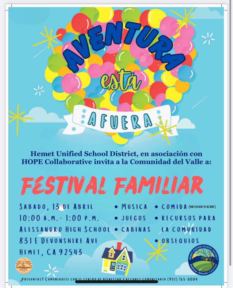 Hemet Unified School District, in partnership with the HOPE Collaborative, invites the Valley Community to the Family Festival. It will be a fun filled day, don’t miss out!