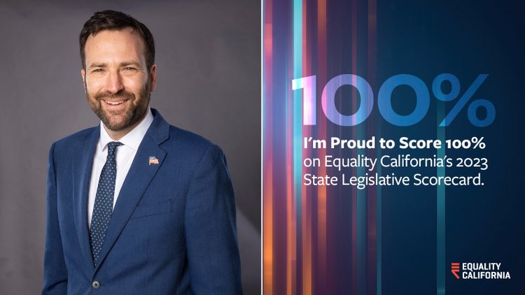 Happy to once again have a 100% score on the @eqca State Legislative Scorecard… LGBTQ+ rights are sadly under attack in many places across the nation; our pushback is important!