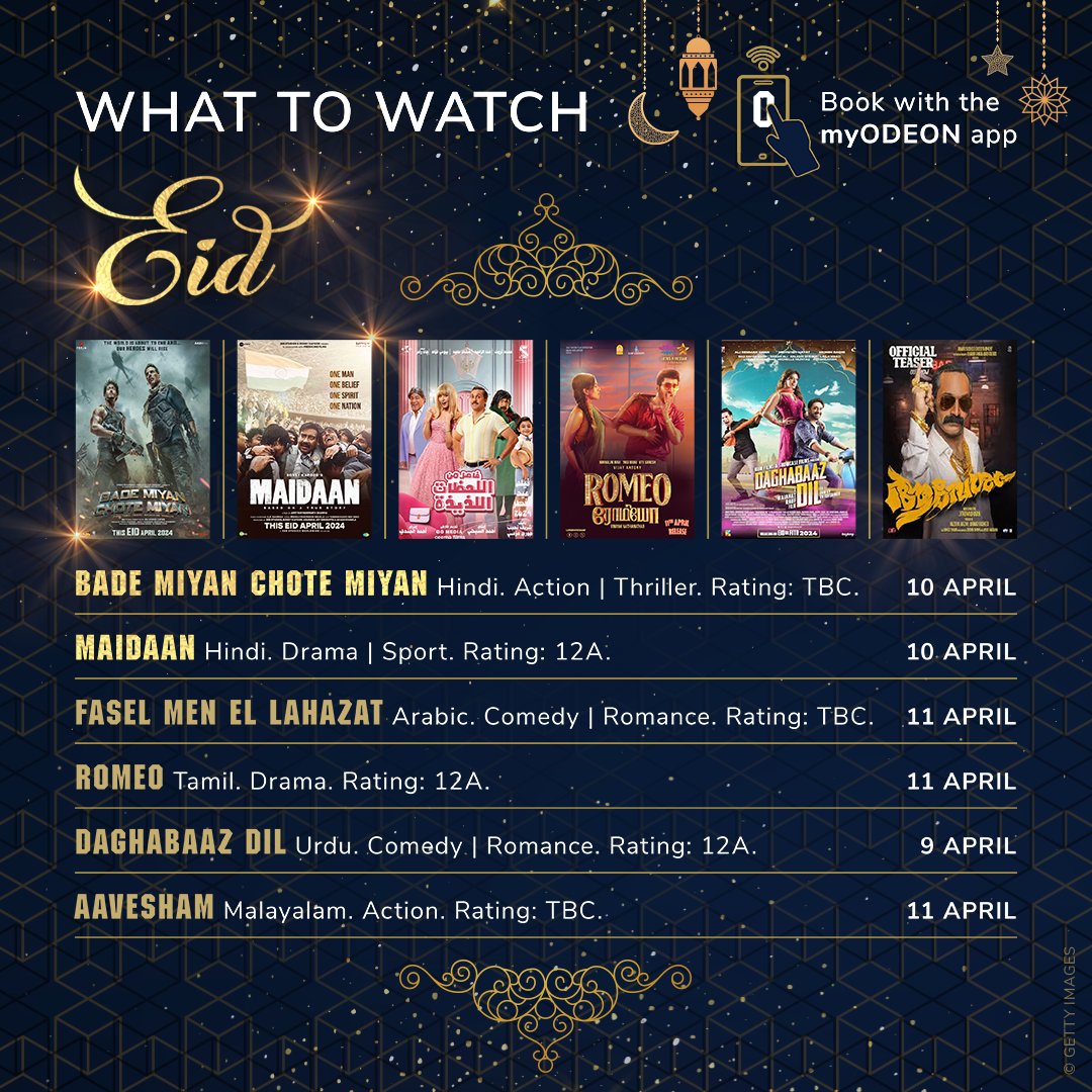 In the lead up to Eid tomorrow, we're celebrating with you!🥳 From #BadeMiyanChoteMiyan to #Maidaan, check out what we're showing from today and celebrate Eid with ODEON this week!🌟🤩