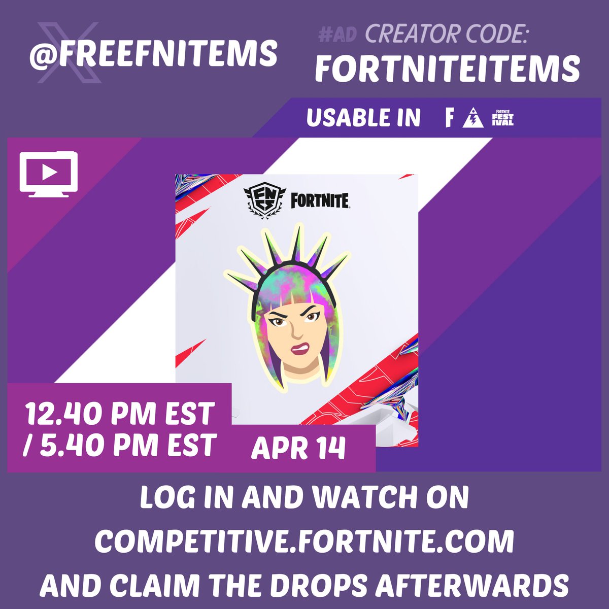 □ Emoticon 'Solo Tour' Log in and watch the stream on competitive.fortnite.com to earn the drop. Remember to claim it afterwards! (Guide in Replies) ⬇️⬇️⬇️⬇️ □ Apr 14 12.40 PM EST 5.40 PM EST #Fortnite #FortniteChapter5Season2