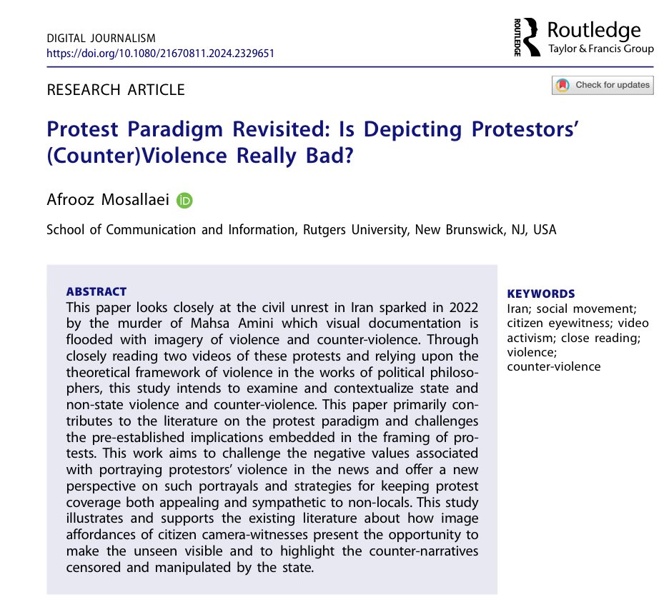 Thrilled to share my study published today in @djeditorialteam! In this paper, by closely reading videos of Mahsa (Zhina) Amini’s protests, I aim to challenge the negative values associated with portraying protestors’ violence in the news and offer a new perspective on/