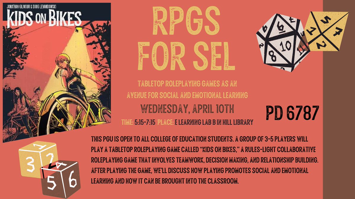 Calling all #ECI201 and @NCStateCED friends... @NCStateCEDMETRC is hosting a PGU for the ages! Come play #KidsOnBikes by @Hunters_Ent and experience RPGs for SEL TOMORROW in DH Hill!! #RPGSforSEL #GameBasedLearning #RollTheDice