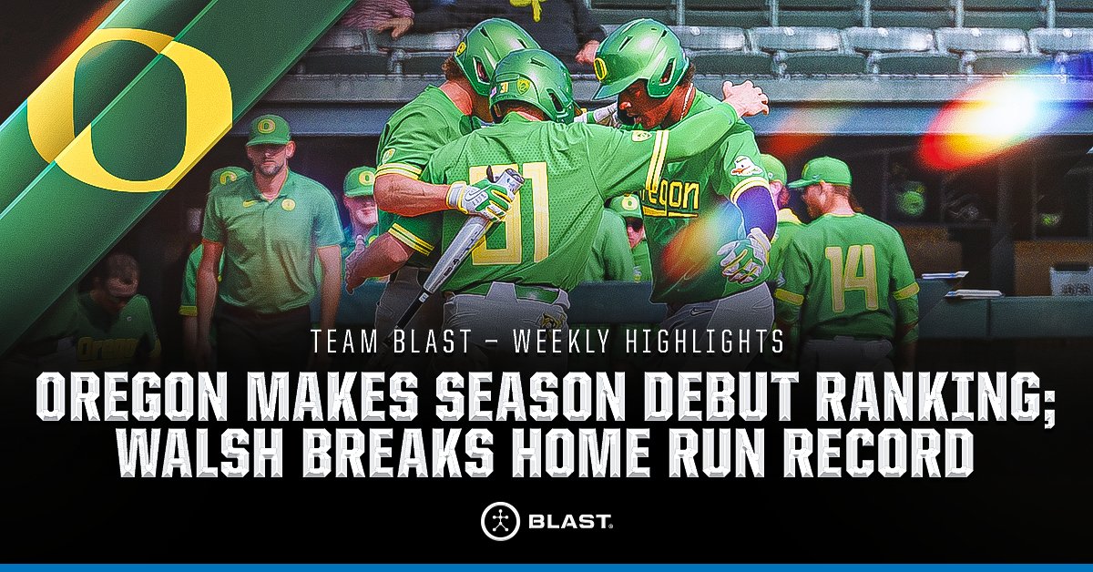 🌟 #𝗧𝗘𝗔𝗠𝗕𝗟𝗔𝗦𝗧 𝗪𝗘𝗘𝗞𝗟𝗬 𝗛𝗜𝗚𝗛𝗟𝗜𝗚𝗛𝗧 ⚾ @OregonBaseball entered the polls for the first time this season as @d1baseball ranked them 18 on Mon. The Ducks won a 3-game @pac12 series over UCLA & 1B Jacob Walsh became the Ducks' all-time HR leader to cap it off!