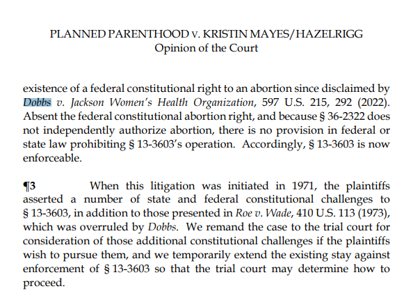 The word 'Dobbs' appears 22 times in this disastrous decision to reinstate a 160 year old total abortion ban in Arizona azcourts.gov/Portals/0/Opin…